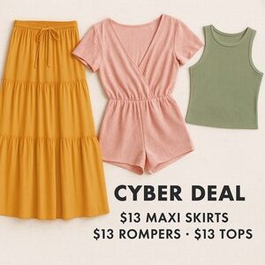 Cyber Monday Deals Romper, Maxi Skirt, and Tops